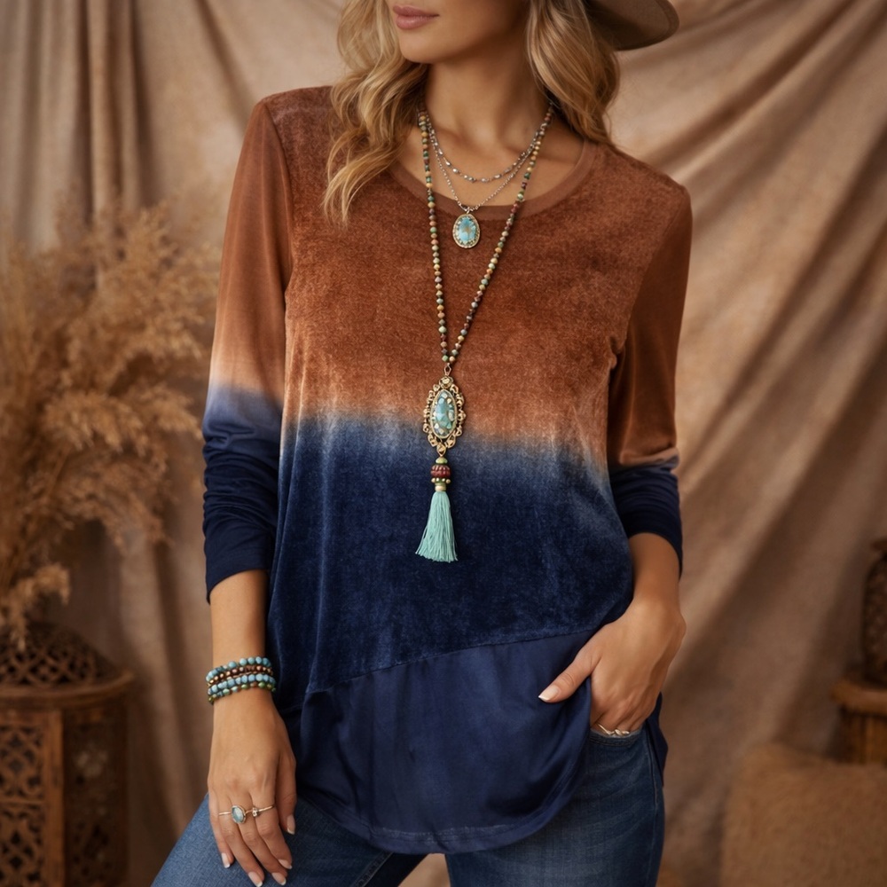 Chico’s Zenergy Velvet Ombré Long Sleeve Top Blue Brown Soft Stretch Size 0 (S)